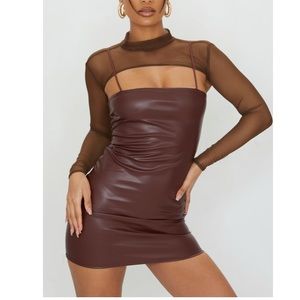 Pretty Little Thing Mesh Layer Spaghetti Strap Brown Dress